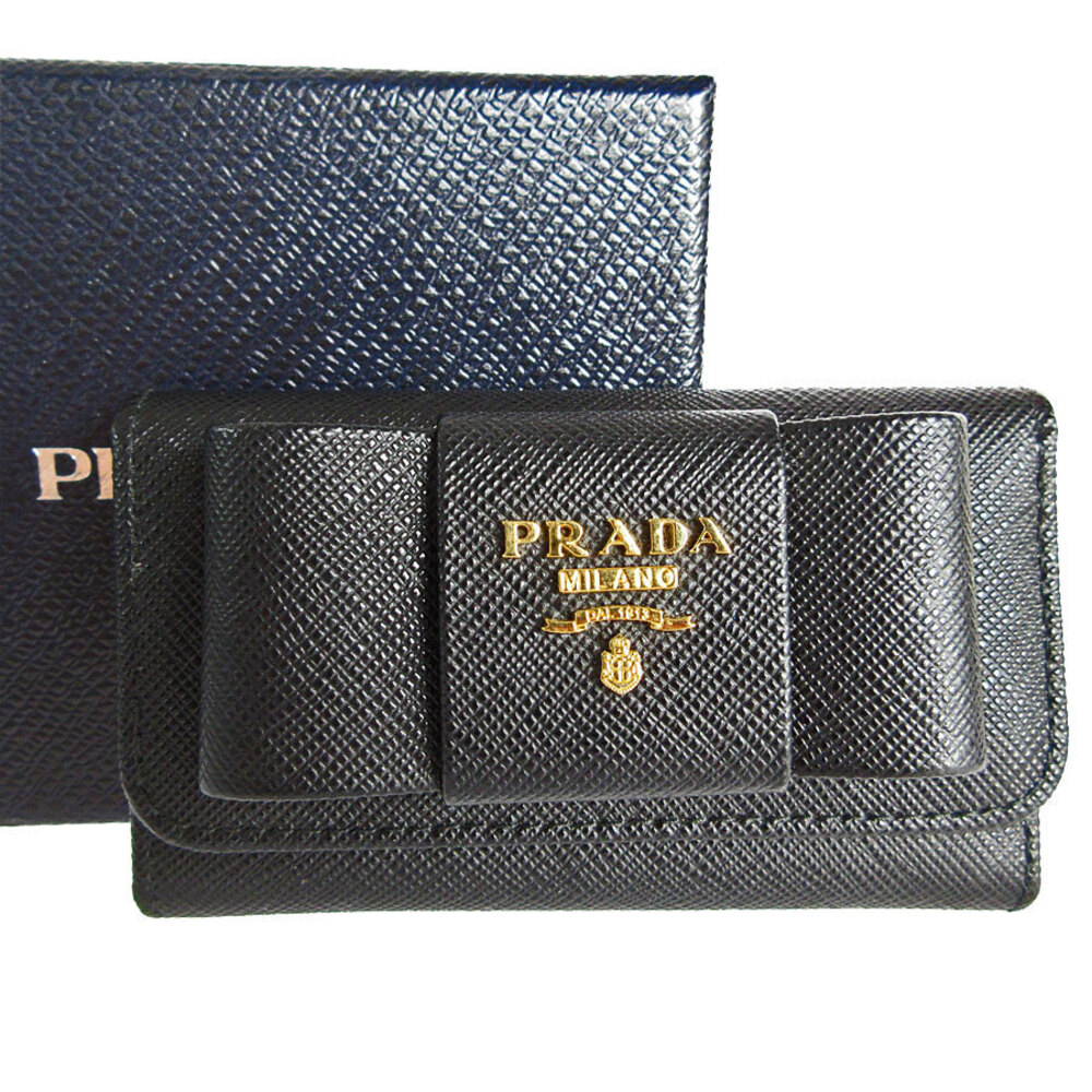 Prada Key Case Ribbon Leather Metal Gold Black